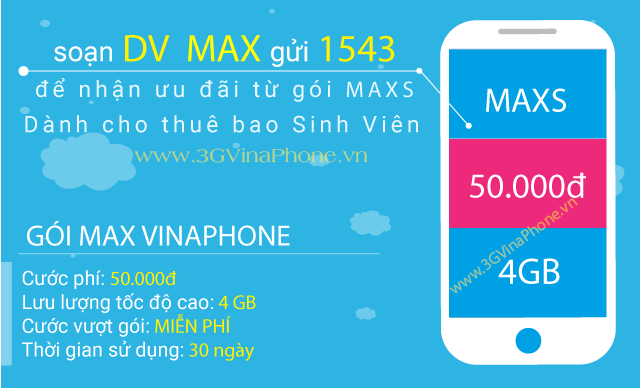 Đăng ký gói 3G Vinaphone sinh viên gói cước MAXs Vinaphone 50K/tháng