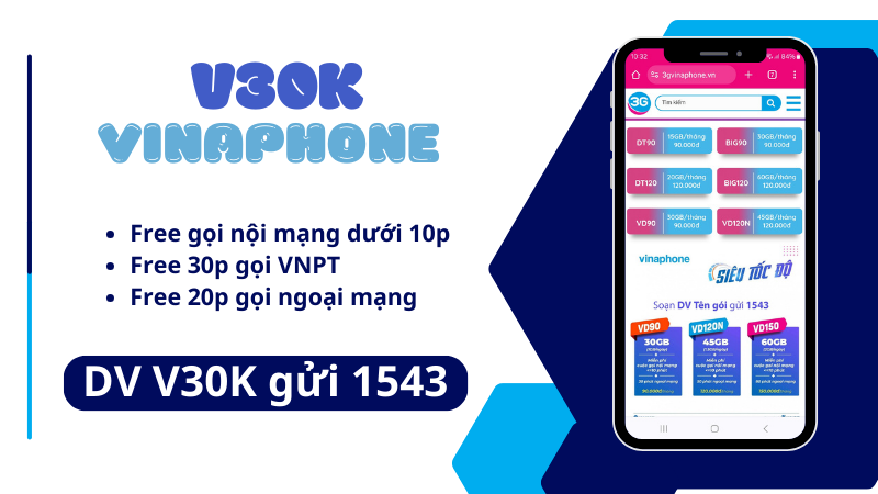 Đăng ký gói V30K Vinaphone chỉ 30k miễn phí nghìn phút gọi