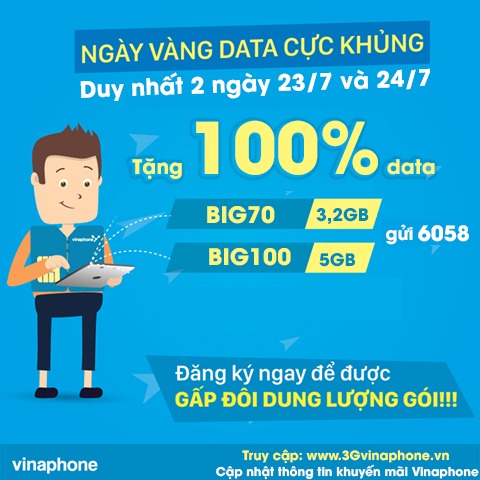 Tặng 100% data đăng ký gói BIG Vinaphone ngày 23/7,24/7