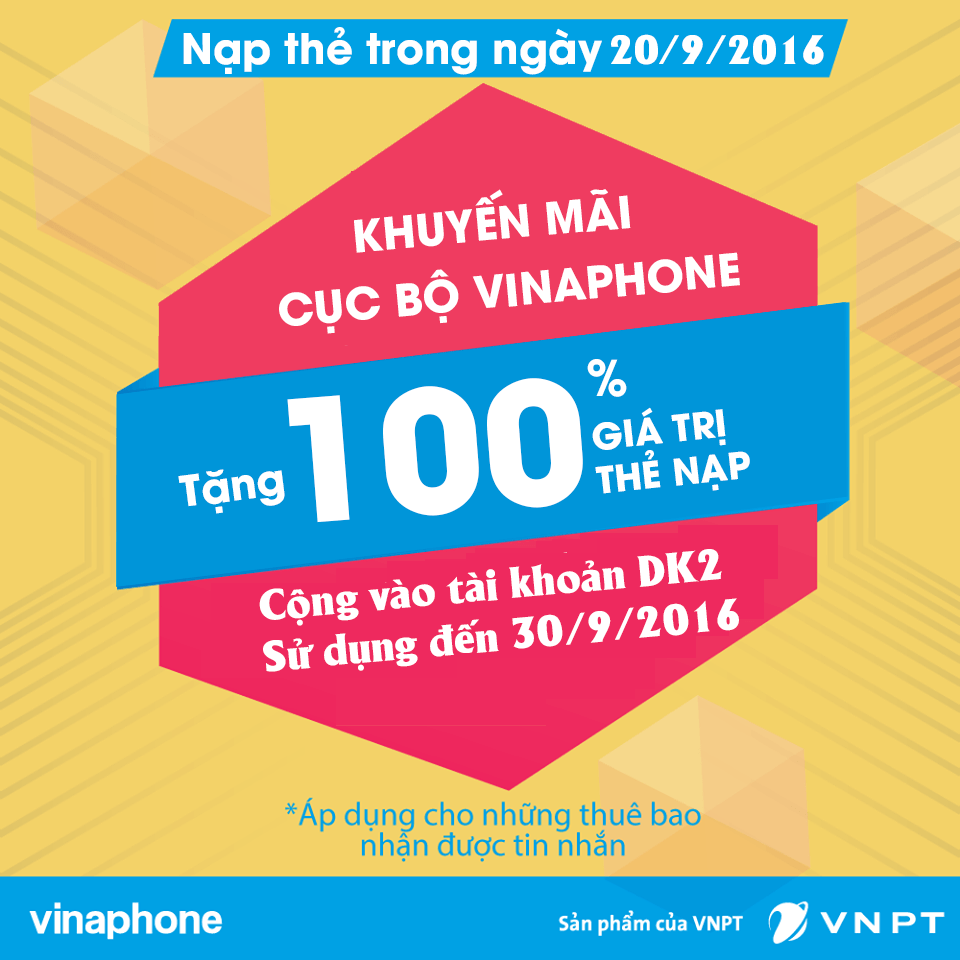 Vinaphone khuyến mãi tặng 100% thẻ nạp ngày 20/9/2016
