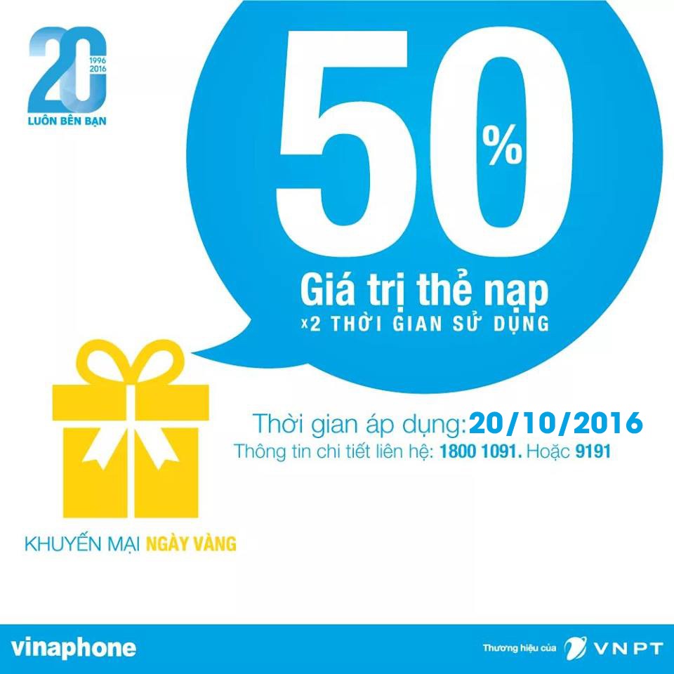 Khuyến mãi Vinaphone ngày 20/10 +50% giá trị thẻ nạp