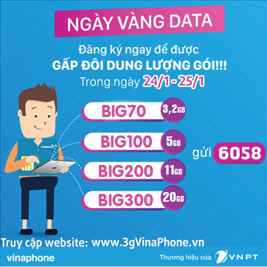 Vinaphone khuyến mãi tặng 100% gói Big Data ngày 24/1 - 25/1