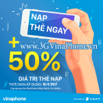 VinaPhone khuyến mãi tặng 50% giá trị thẻ nạp ngày 18/4/2017