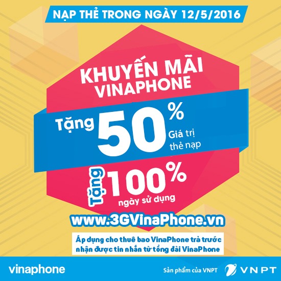 VinaPhone khuyến mãi cục bộ ngày 12/5 tặng 50% thẻ nạp