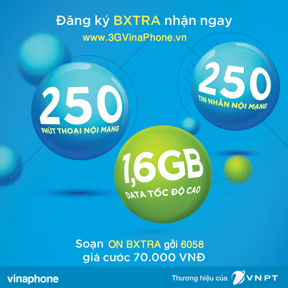 Đăng ký gói BXTRA Vinaphone nhận 250 phút gọi, SMS + 1,6GB data