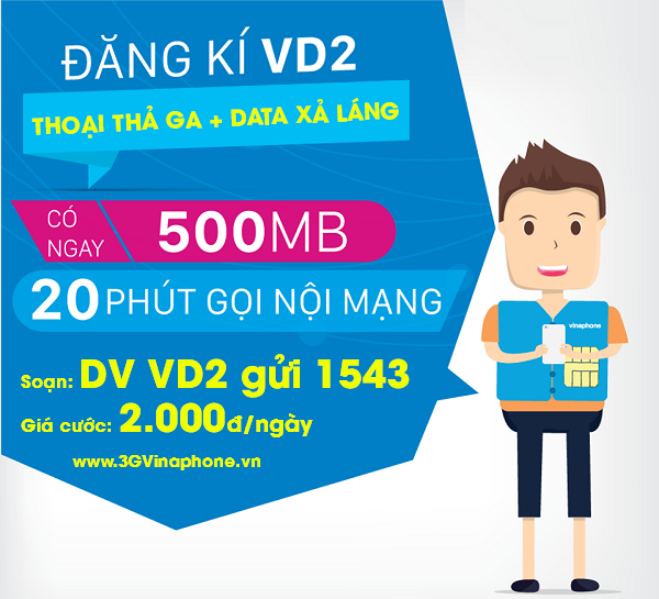 Đăng ký gói cước VD2 Vinaphone có 20 phút gọi + 500MB chỉ 2.000đ/ngày