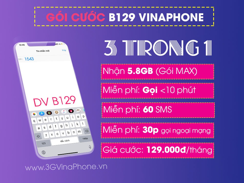 Đăng ký B129 Vinaphone miễn phí tất cả cuộc gọi dưới 10 phút + gói MAX