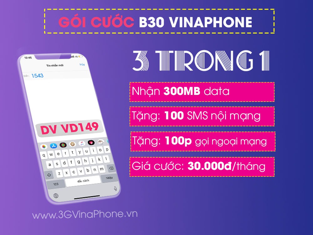 Đăng ký gói cước B30 Vinaphone miễn phí gọi, nhắn tin, data 3G 4G