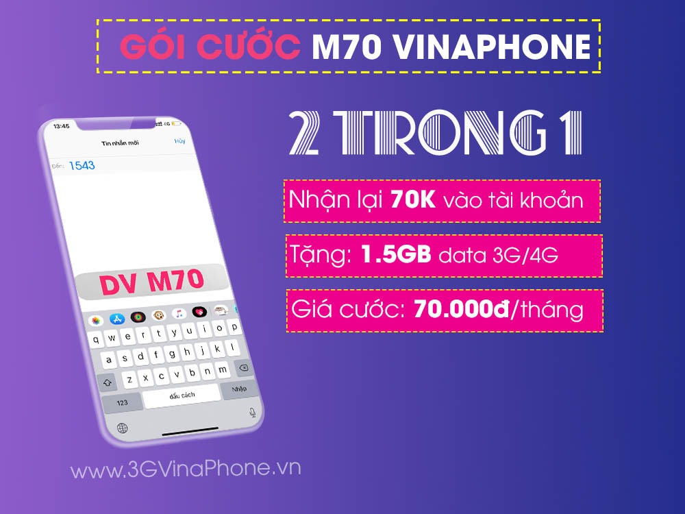 Đăng ký gói cước M70 Vinaphone miễn phí 70.000đ + 1,5GB data chỉ 70.000đ