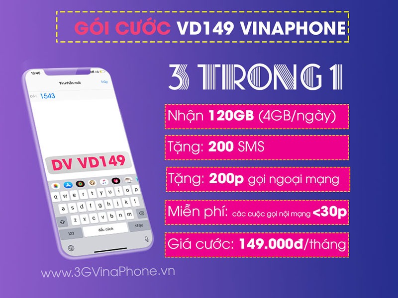 Đăng ký gói cước VD149 Vinaphone nhận 120GB + gọi thả ga Không Giới Hạn