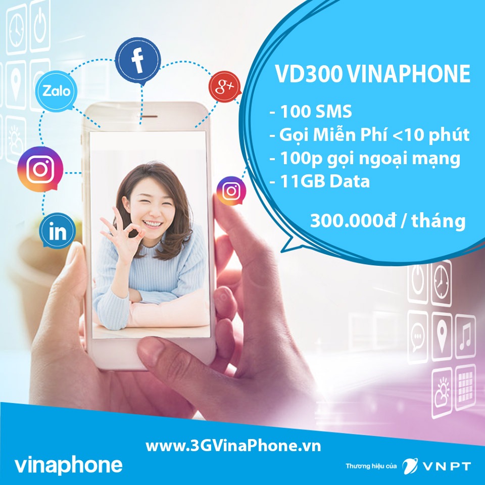 Đăng ký gói cước VD300 của Vinaphone nhận 11GB Data + gọi nội mạng, ngoại mạng