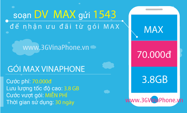 Đăng ký gói MAX Vinaphone trọn gói nhận 3.8Gb data 3G 4G chỉ 70.000đ