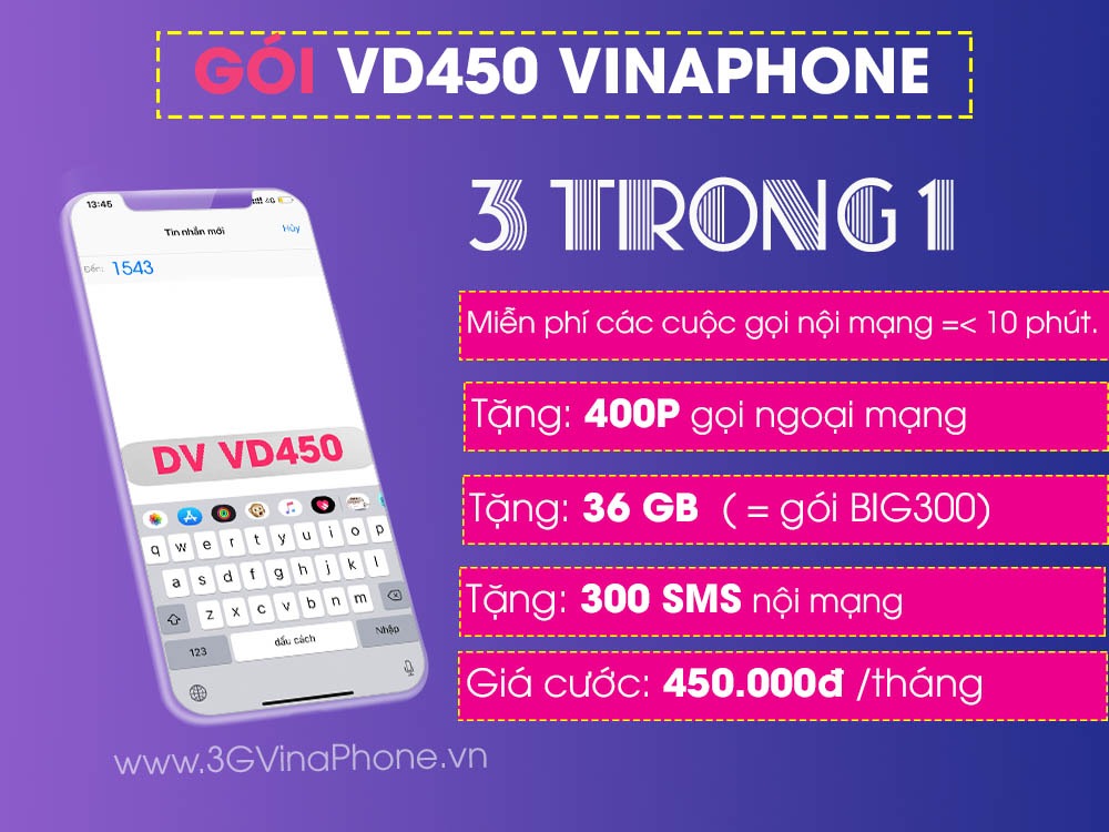 Đăng ký gói cước VD450 Vinaphone miễn phí 400p gọi + 36 GB + SMS