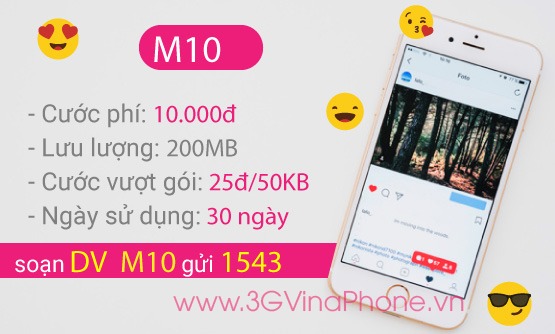 Cách đăng ký gói cước M10 Vinaphone giá rẻ 10.000đ/tháng nhận 200MB data 