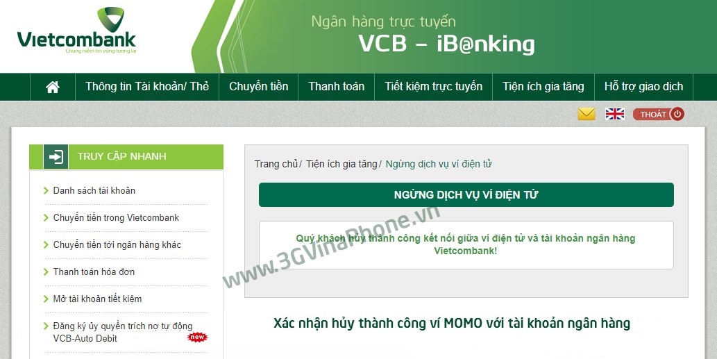 Cách hủy liên kết Momo với ngân hàng Vietcombank, techcombank, agribank, dong a bank