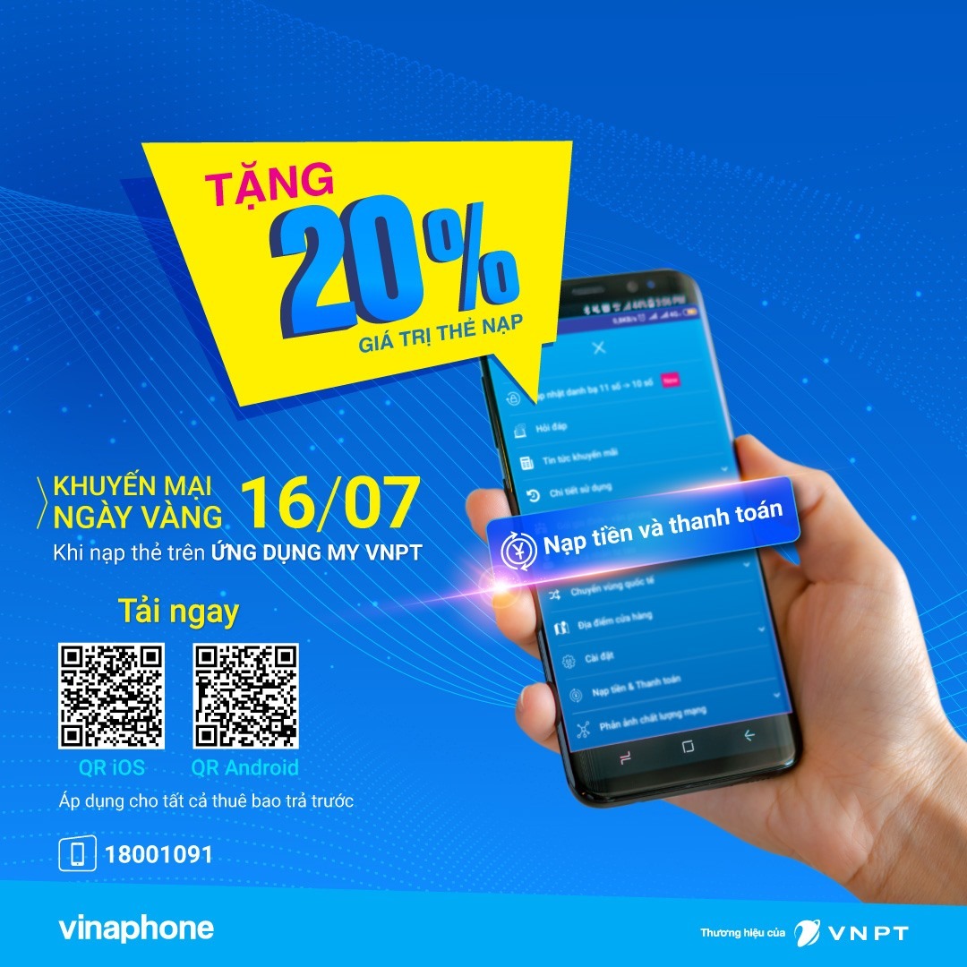 Khuyến mãi Vinaphone thứ 3 vui vẻ tặng 20% giá trị thẻ nạp ngày 16.7.2019