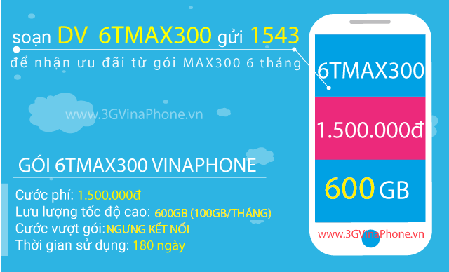 Đăng ký gói cước 6TMAX300 Vinaphone nhận 600GB data trong 6 tháng