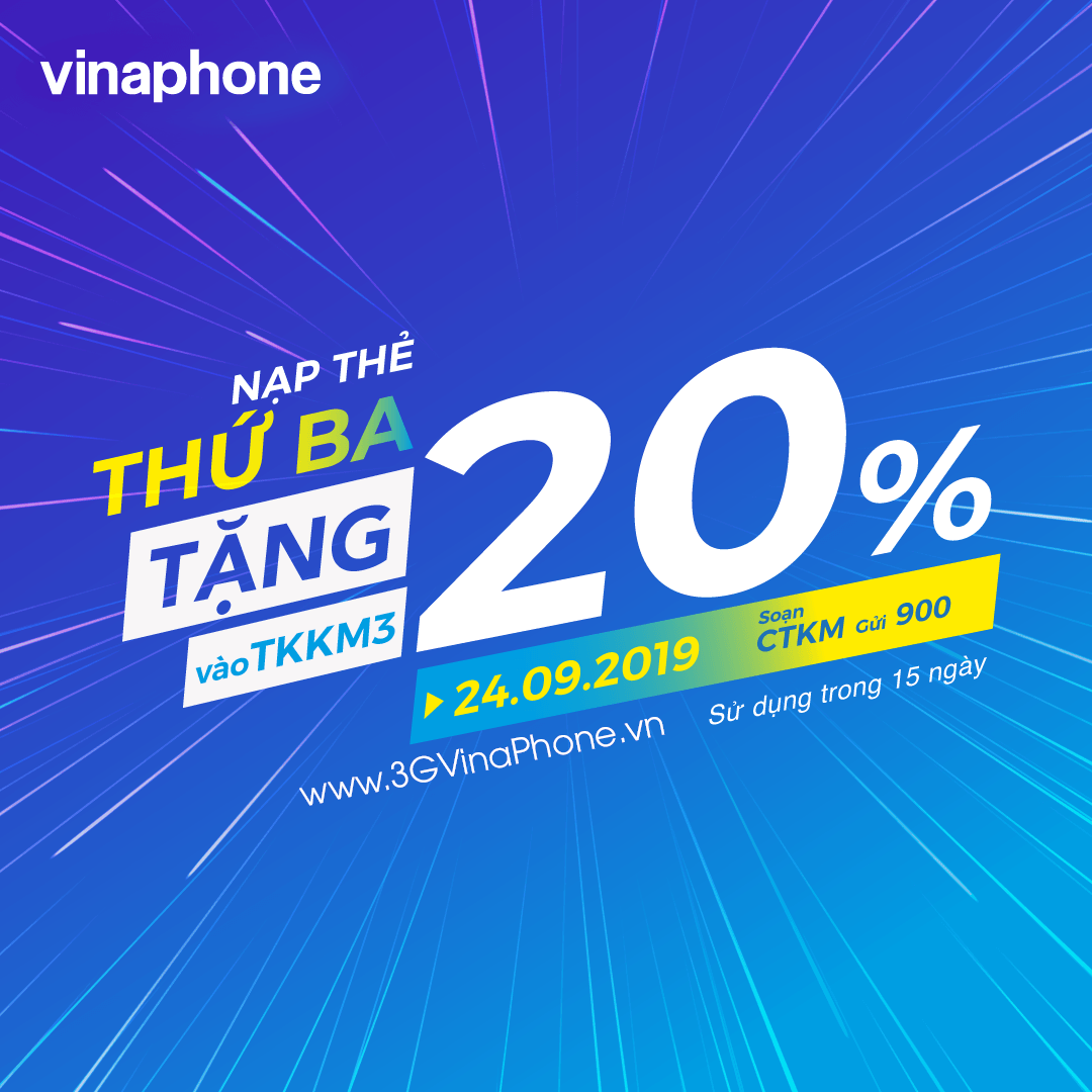 Khuyến mãi VinaPhone ngày 24/9/2019 tặng 20% giá trị thẻ nạp cục bộ