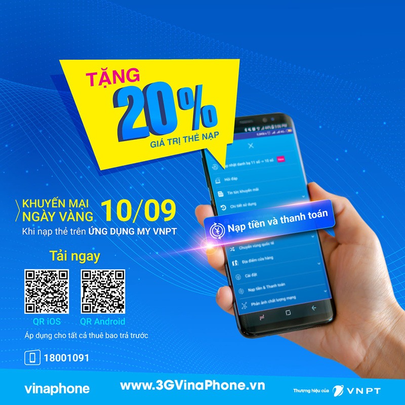 Vinaphone khuyến mãi cục bộ ngày 10/9/2019 tặng 20% giá trị thẻ nạp qua My VNPT 