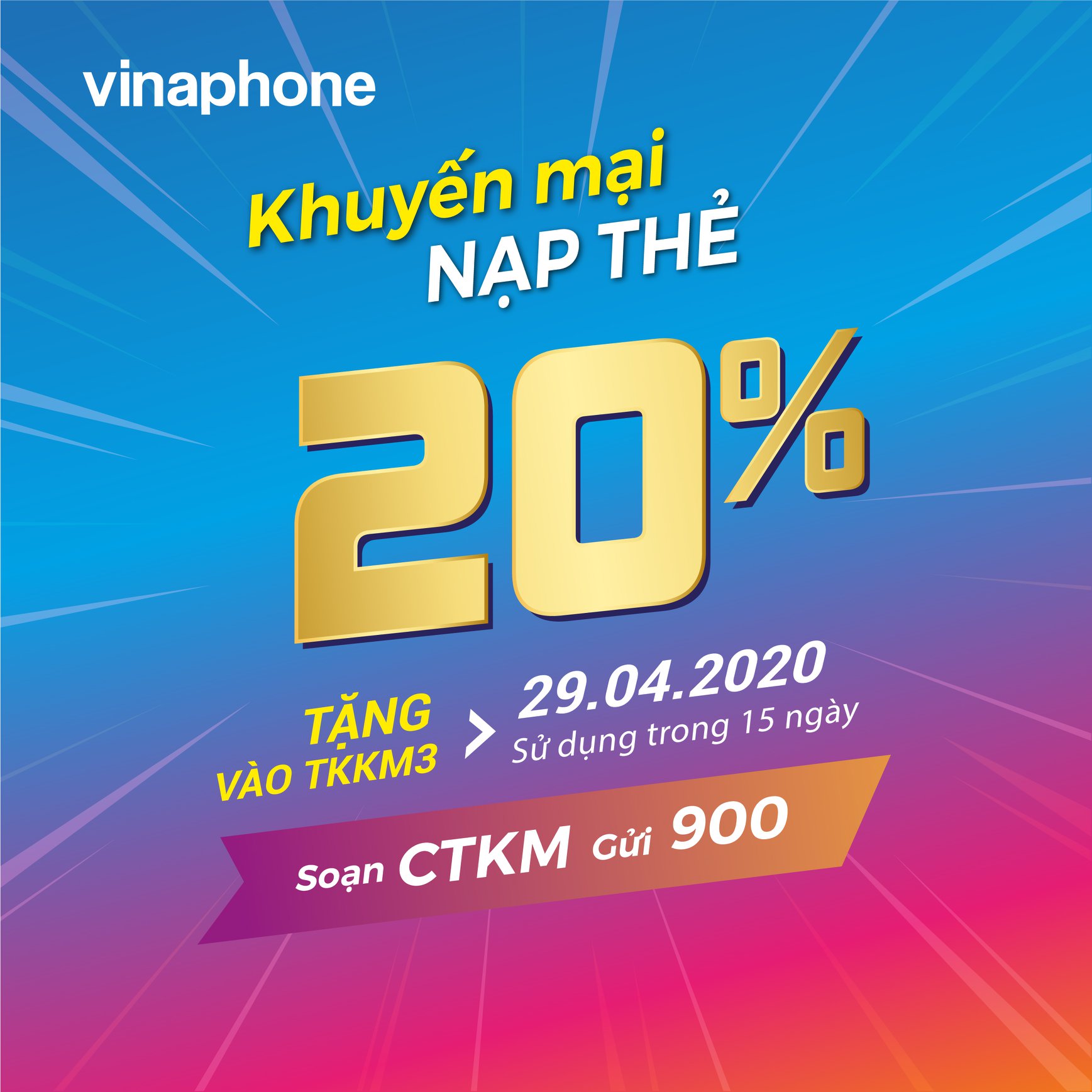 Vinaphone khuyến mãi ngày 29/4/2020 tặng 20% giá trị  thẻ nạp cục bộVinaphone khuyến mãi ngày 29/4/2020 tặng 20% giá trị  thẻ nạp cục bộ
