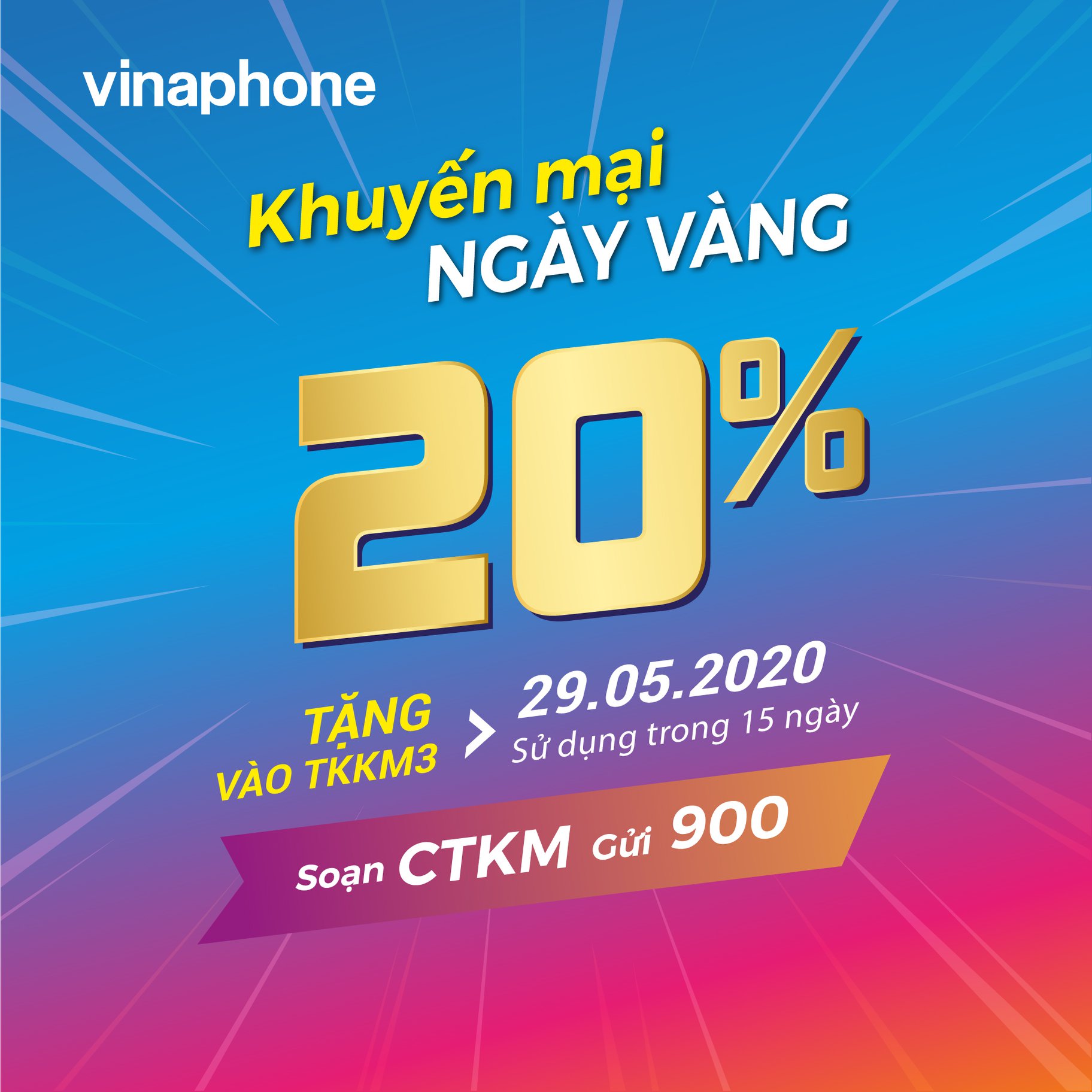 Vinaphone khuyến mãi ngày vàng 29/5/2020 tặng 20% giá trị thẻ nạp