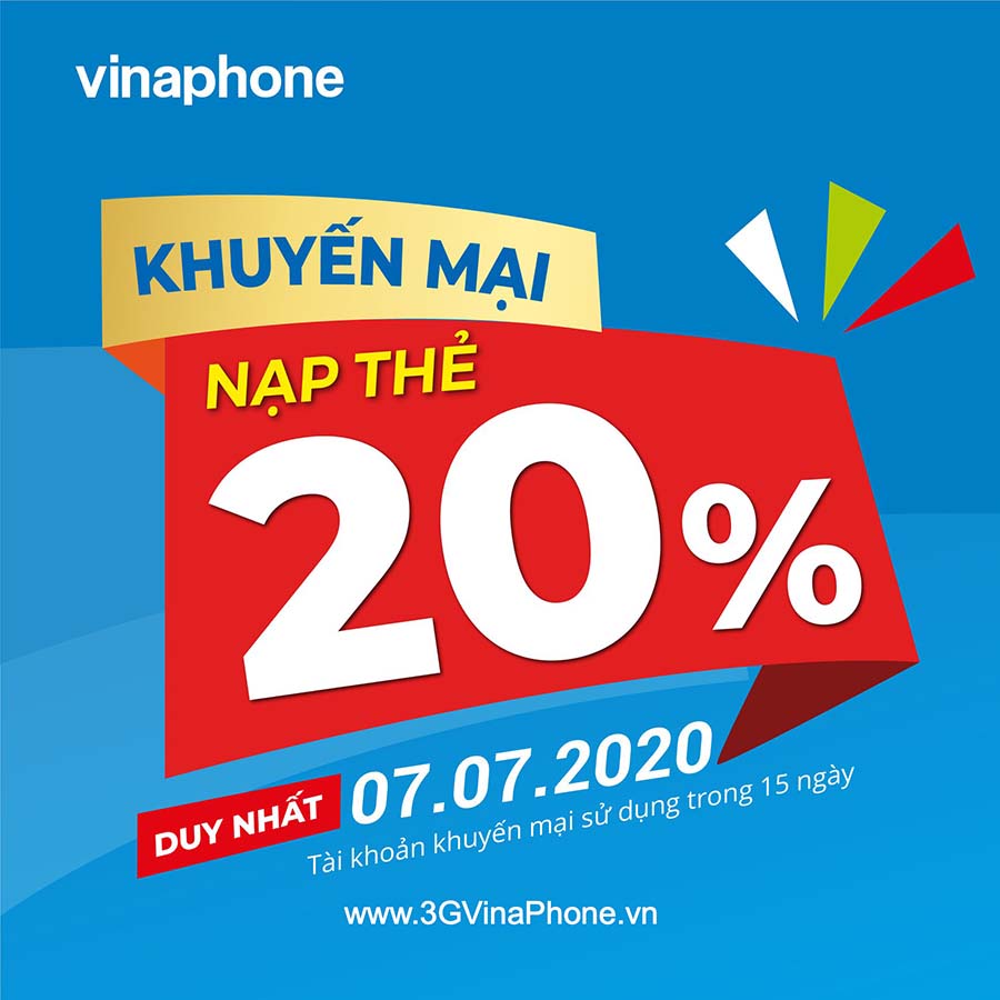 Vinaphone khuyến mãi ngày 5/6/2020 tặng 20% giá trị thẻ nạp