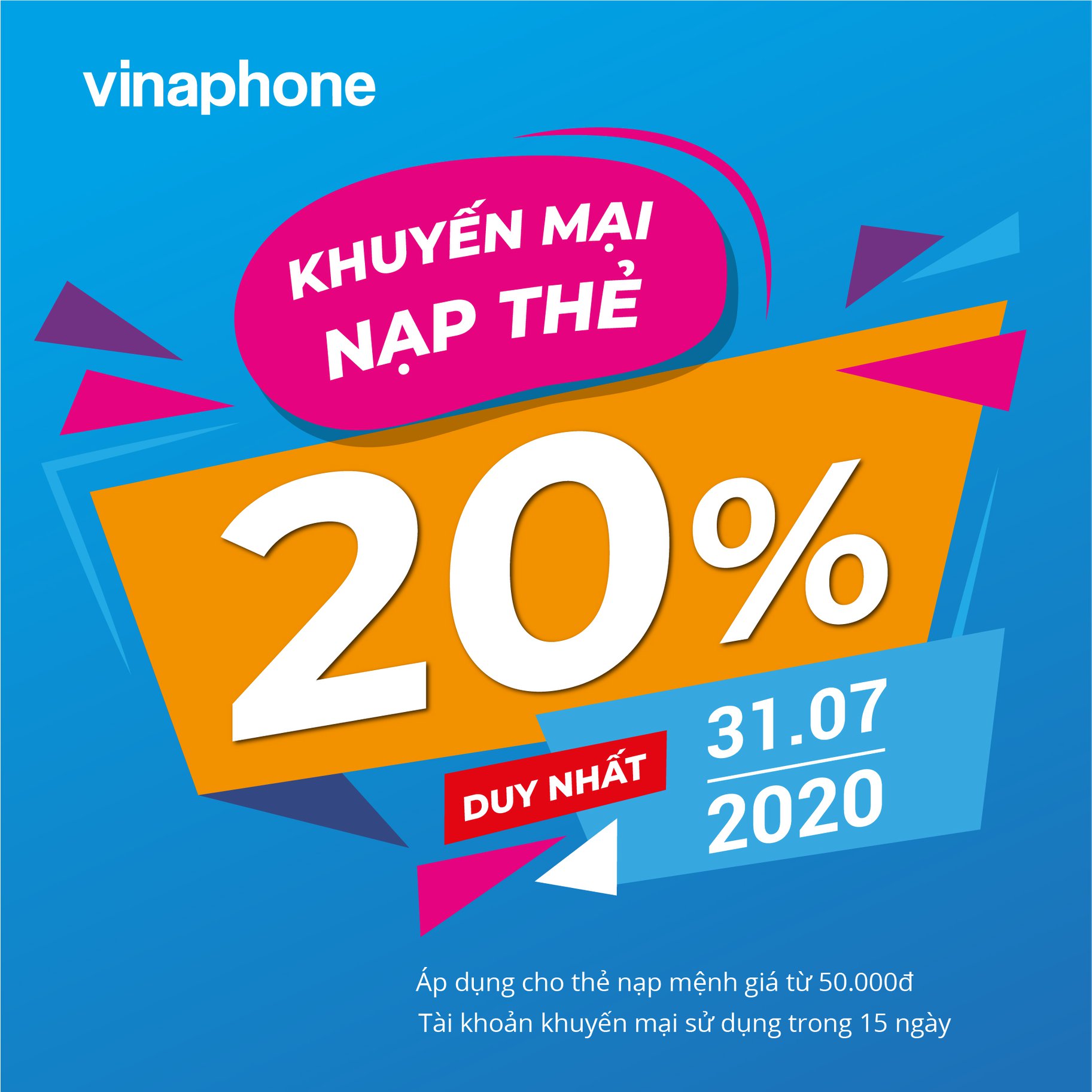 Vinaphone khuyến mãi ngày vàng 31/7/2020 tặng 20% giá trị thẻ nạp