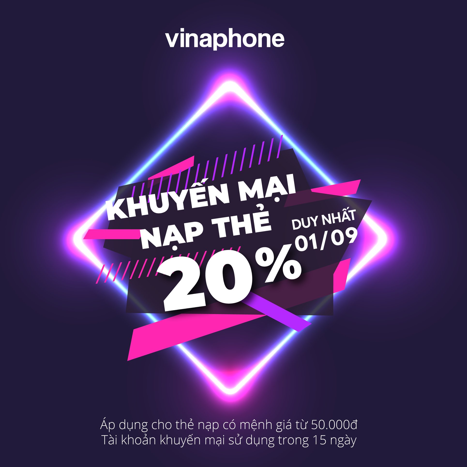 Vinaphone khuyến mãi ngày 1/9/2020 tặng 20% giá trị thẻ nạp mệnh giá 50.000đ trở lên