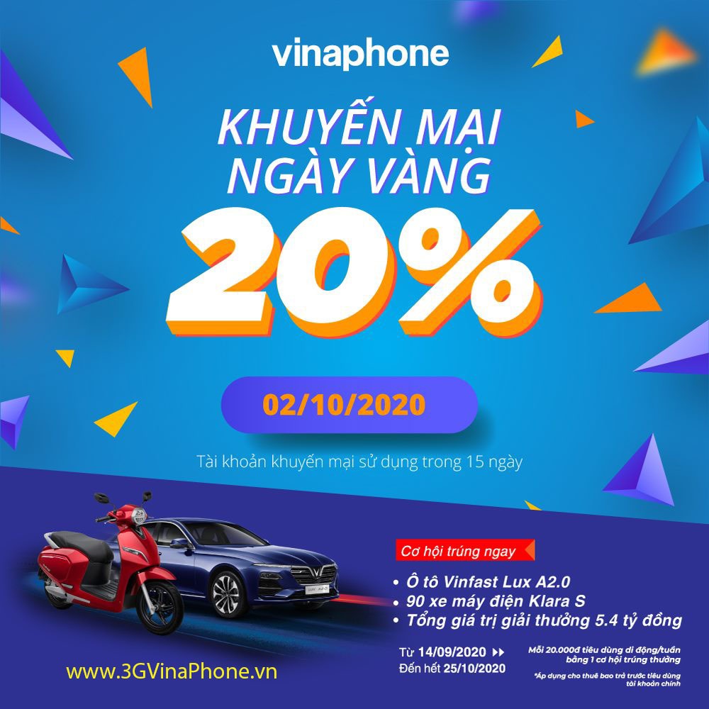 VinaPhone khuyến mãi 2/10/2020 tặng 20% giá trị thẻ nạp ngày vàng