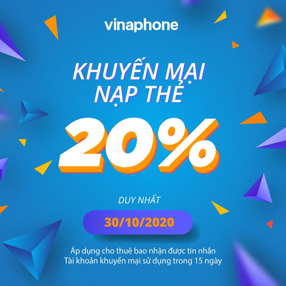 Vinaphone khuyến mãi ngày 30/10/2020 tặng 20% giá trị thẻ nạp