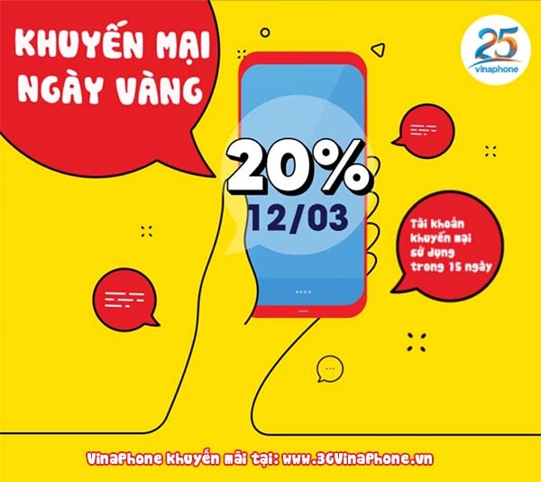 Khuyến mãi VinaPhone ngày vàng 12/3/2021 tặng 20% giá trị thẻ nạp