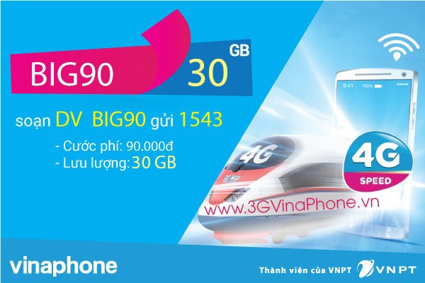Đăng ký gói BIG90 VinaPhone nhận 30Gb data chỉ 90.000đ /tháng