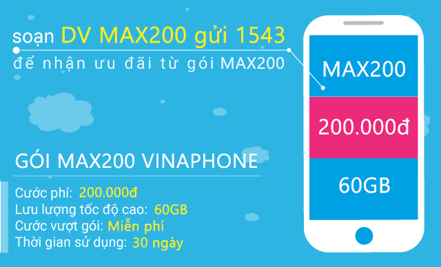 Cách đăng ký gói MAX200 Vinaphone nhận 60 GB data chỉ 200.000đ