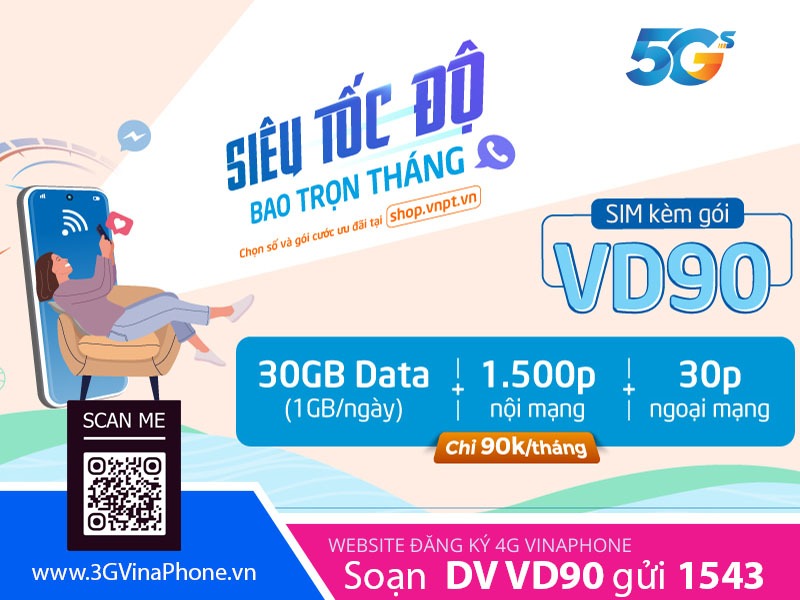 Đăng ký gói VD90 VinaPhone nhận ngay 30GB data kèm gọi "Thả Ga" chỉ 90k