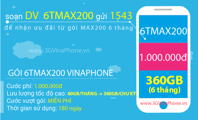Đăng ký gói cước 6TMAX200 Vinaphone nhận 360 GB data trong 6 tháng