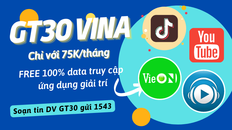 Đăng ký gói cước GT30 Vinaphone Free data Tiktok, VieON, Youtube không giới hạn
